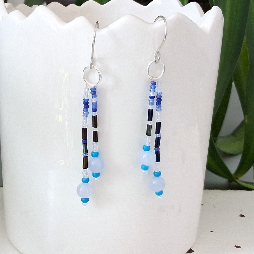 Chic Silver and Blue Beaded Drop Earrings